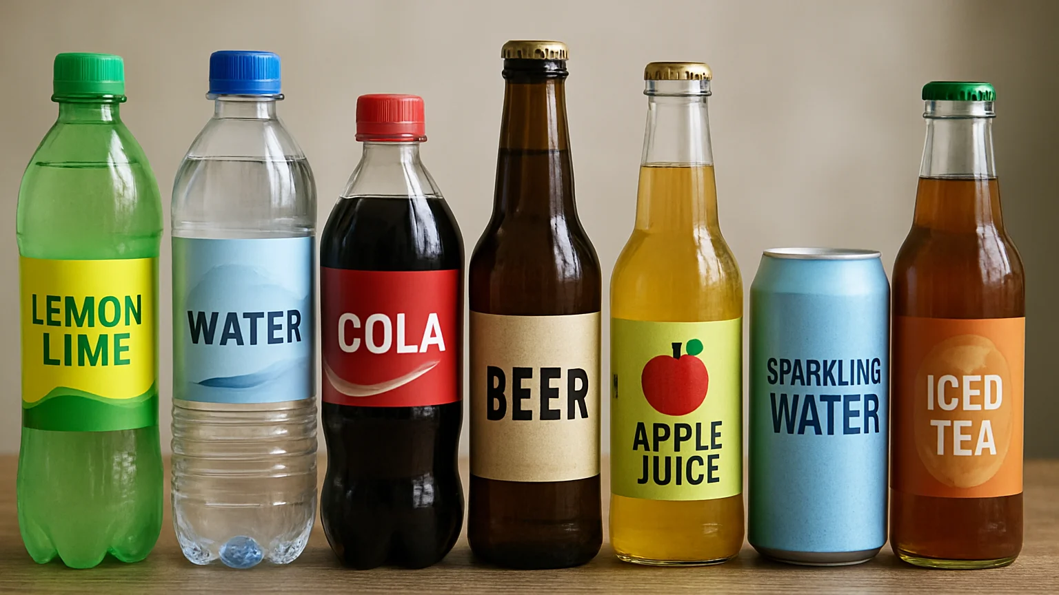 Close-up of assorted bottled and canned beverages standing in a neat row, soft natural daylight, crisp detail on labels,