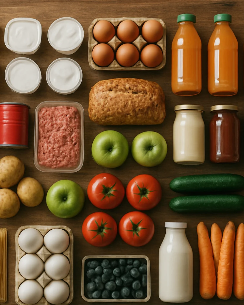 Overhead view of a market-style display of everyday food and drink products arranged in tidy rows on a wooden table, sof