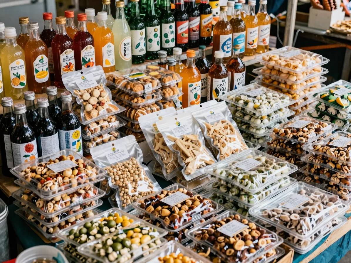 Overhead view of an orderly market stall display with packaged food and beverage items, soft natural daylight, accurate