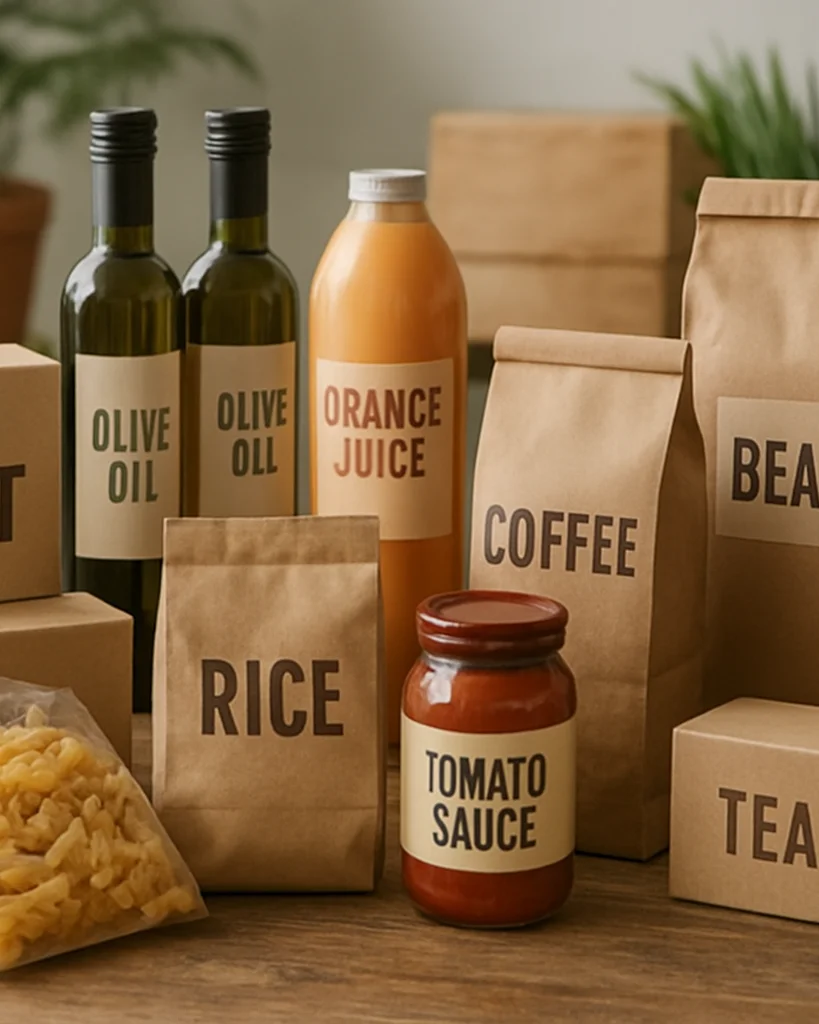 Editorial product photography of a neatly arranged market-style display of food and beverage packaging, soft natural day
