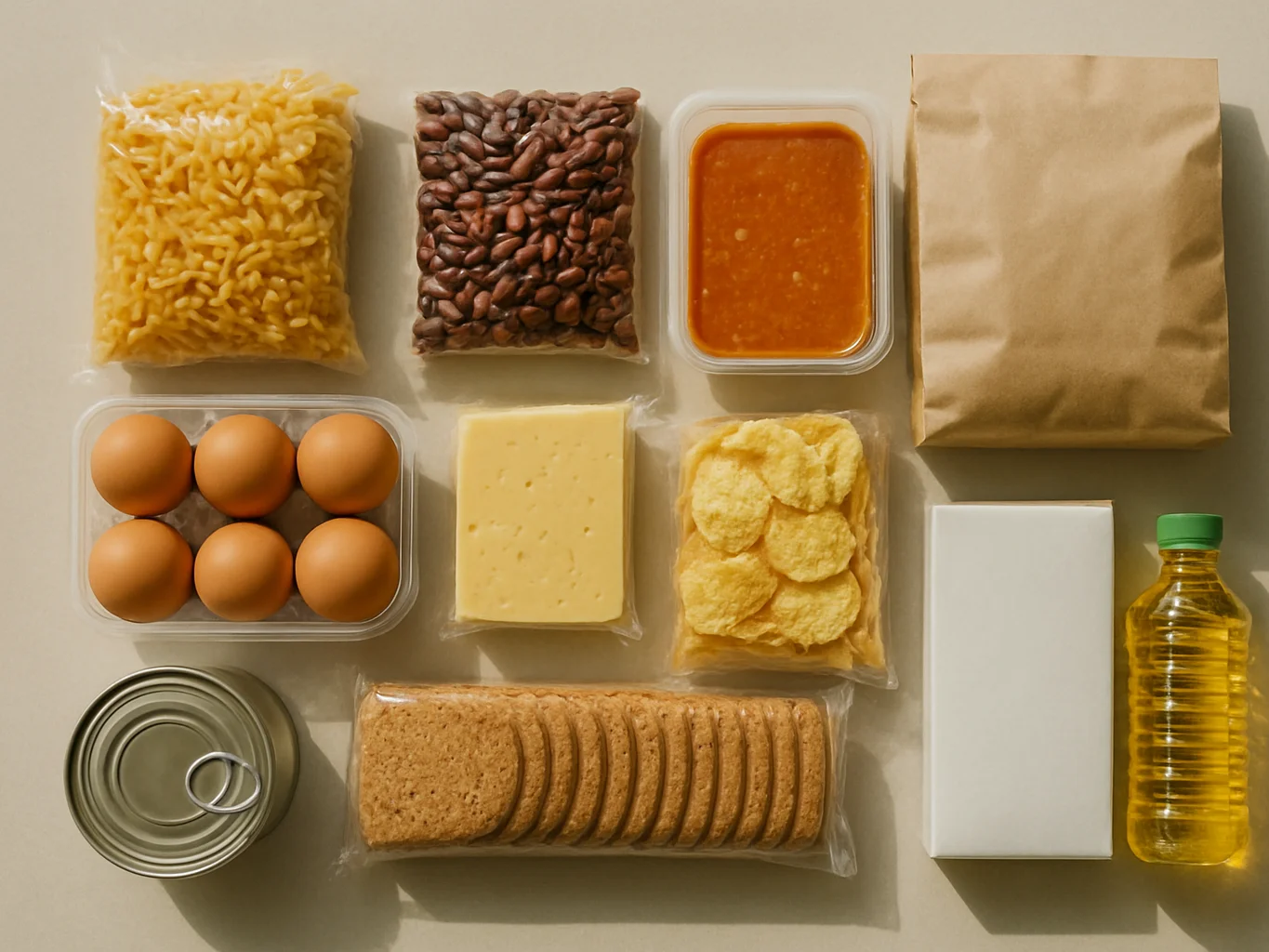 Overhead arrangement of assorted packaged food items grouped together on a plain surface, soft natural daylight, crisp c