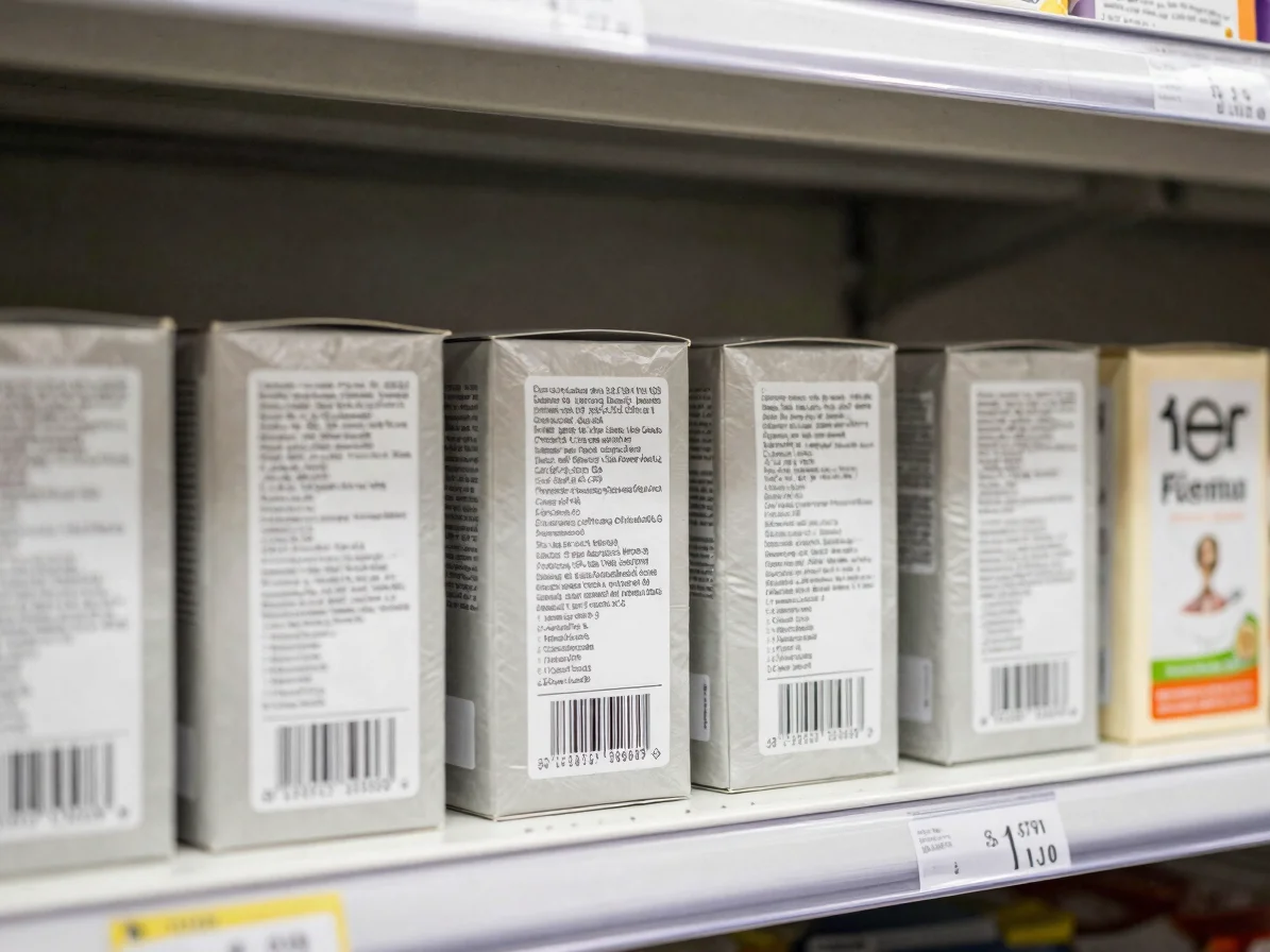 Close-up of product packaging labels on a shelf in soft natural daylight, accurate readable colors, crisp detail, 50mm l