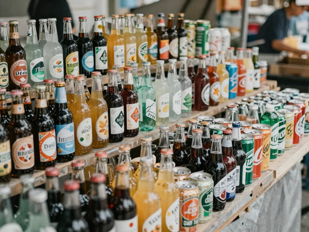Wide view of a market-style display of beverage bottles and cans in orderly rows, soft natural daylight, grounded tones