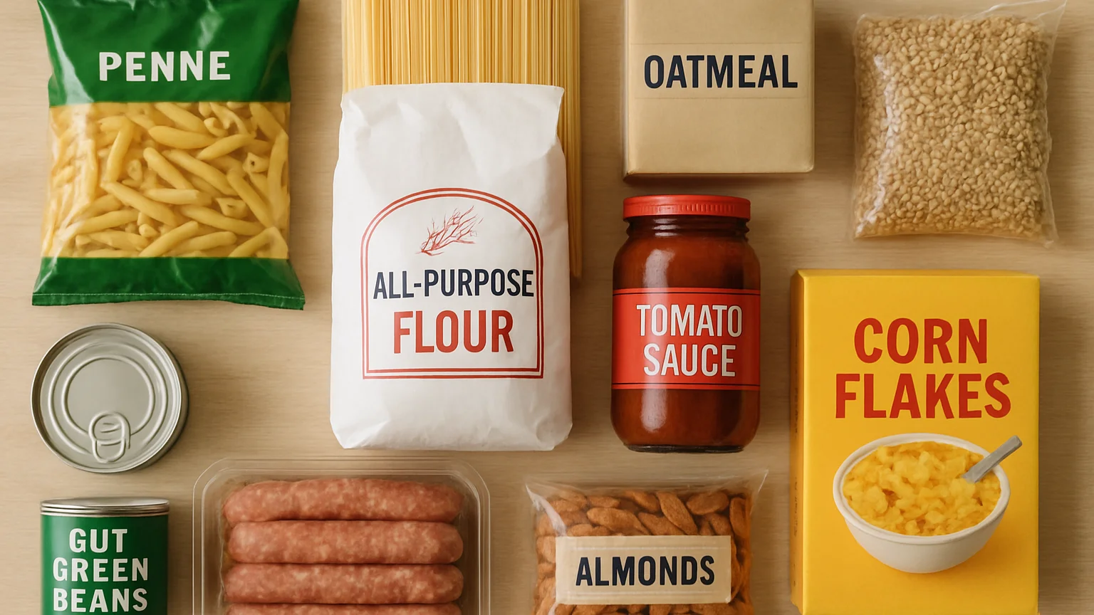 Crisp overhead arrangement of packaged food items and dry goods on a light wooden surface, soft natural daylight, accura